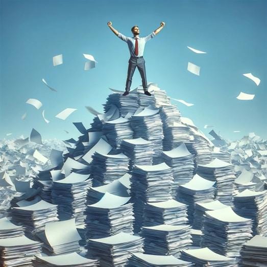 A person standing on top of a pile of papers Description automatically generated